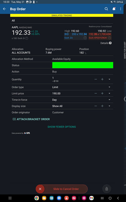 The orders and trades order status panel on the Android tablet